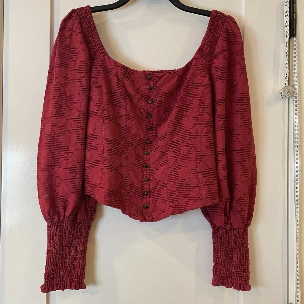 Anthropologie Womens M Shirt Top Sheer Puff Sleeve Smocked Corset Raspberry $120